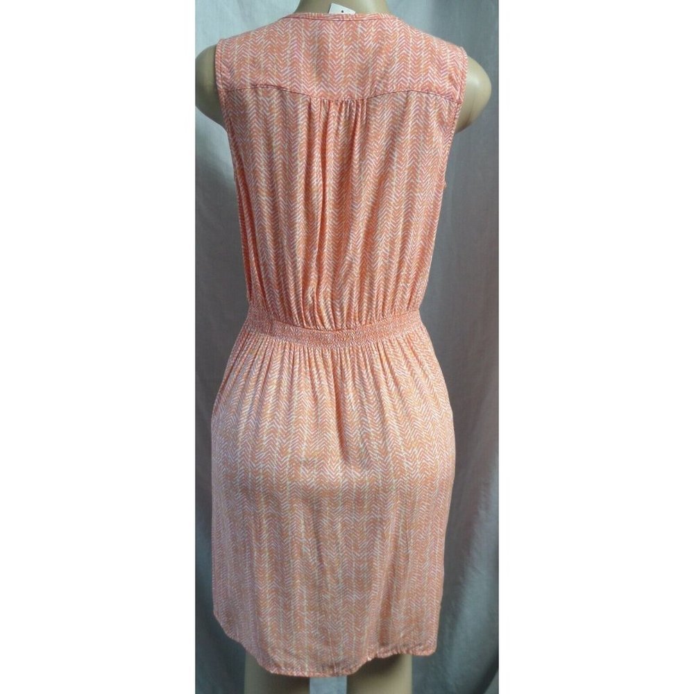 "LOFT" CORAL ABSTRACT ZIG-ZAG ELASTIC WAIST BLOUSON SPLIT NECK DRESS SZ: SP NWT - Picture 2 of 4